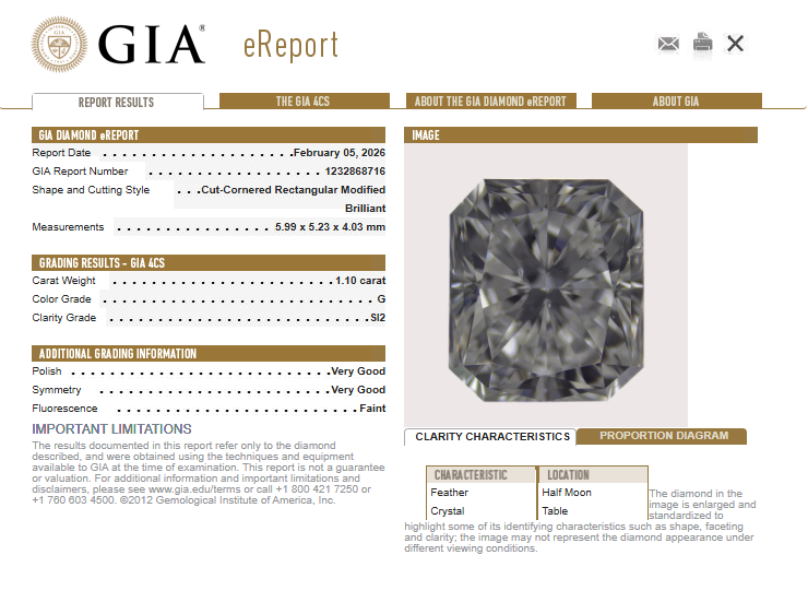 1.10 CT GIA Radiant Cut Natural Diamond G SI2