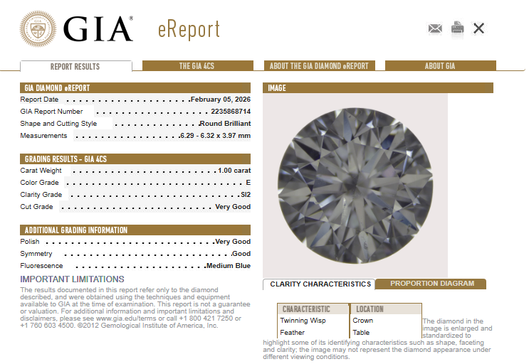 1.00 CT GIA Round Brilliant Natural Diamond E SI2
