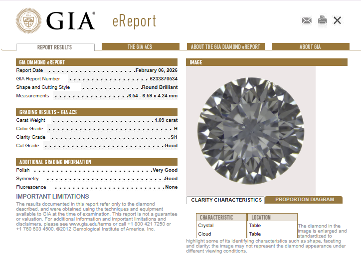 1.09 CT GIA Round Brilliant Natural Diamond H SI1
