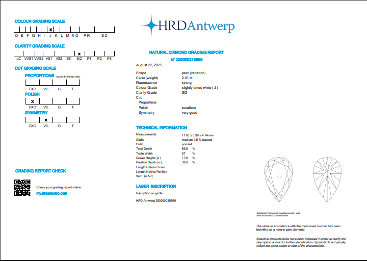2.01 CT HRD Pear Shape Natural Diamond J SI2