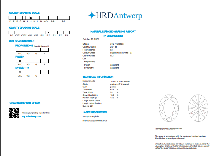 2.01 CT HRD Oval Cut Natural Diamond J SI2