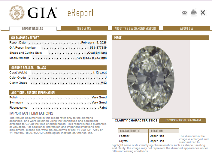 1.12 CT GIA Oval Cut Natural Diamond J VS2