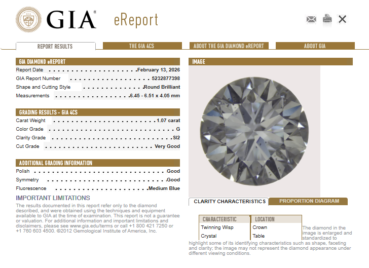 1.07 CT GIA Round Brilliant Natural Diamond G SI2