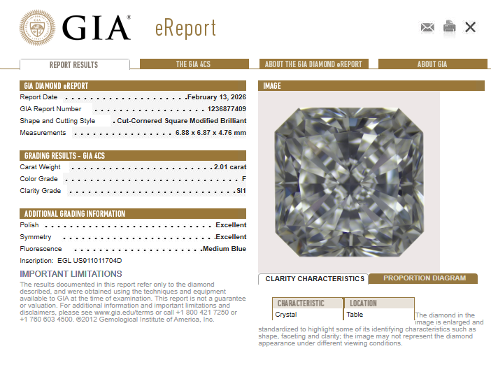 2.01 CT GIA Radiant Cut Natural Diamond F SI1