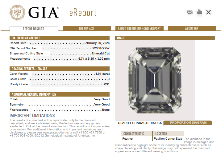 1.01 CT GIA Emerald Cut Natural Diamond I VS1
