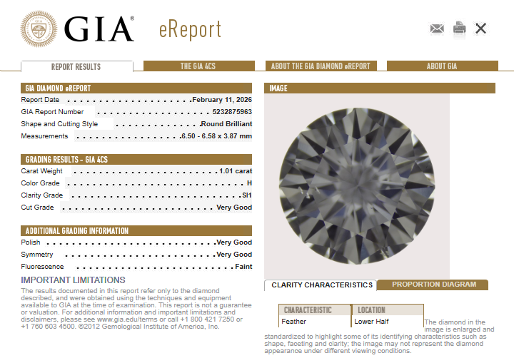 1.01 CT GIA Round Brilliant Natural Diamond H SI1