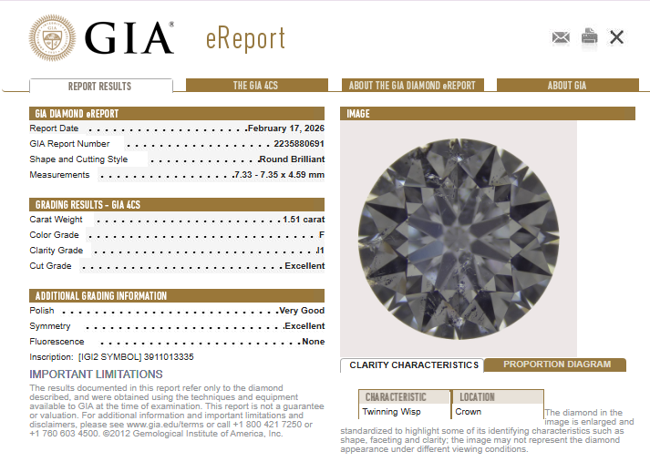 1.51 CT GIA Round Brilliant Natural Diamond F I1
