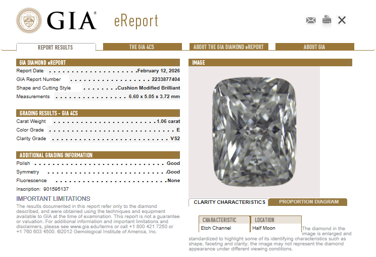 1.06 CT GIA Cushion Cut Natural Diamond E VS2