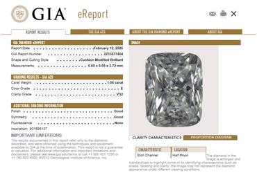 1.06 CT GIA Cushion Cut Natural Diamond E VS2