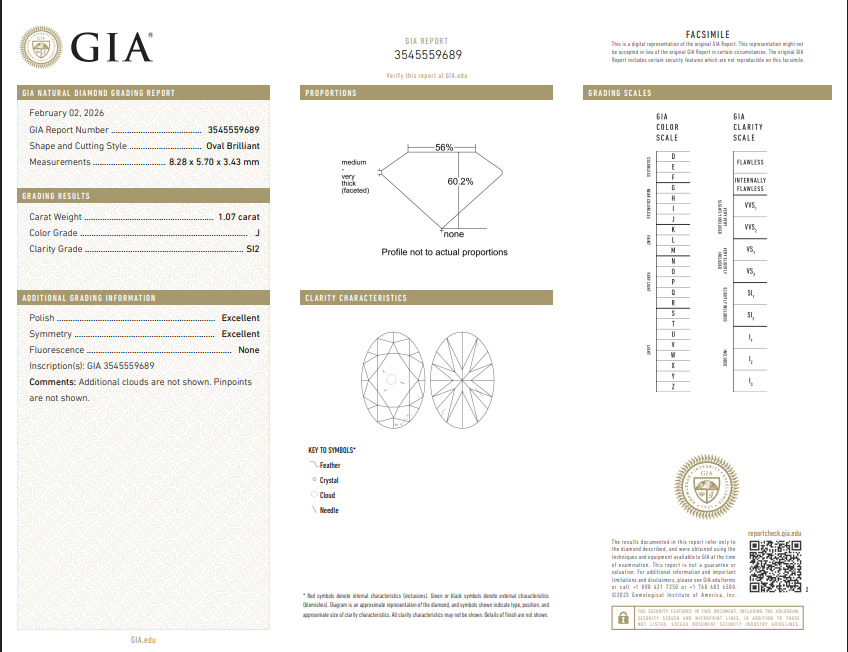1.07 CT GIA Oval Cut Natural Diamond J SI2 XX