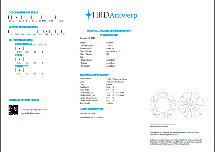 1.70 CT HRD Round Brilliant Natural Diamond F SI2 XXX