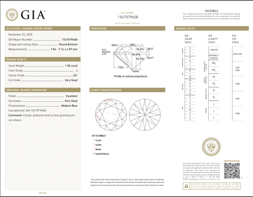 1.50 CT GIA Round Brilliant Natural Diamond J SI1
