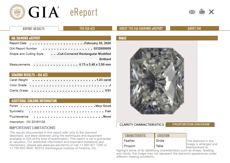1.23 CT GIA Radiant Cut Natural Diamond I VS1