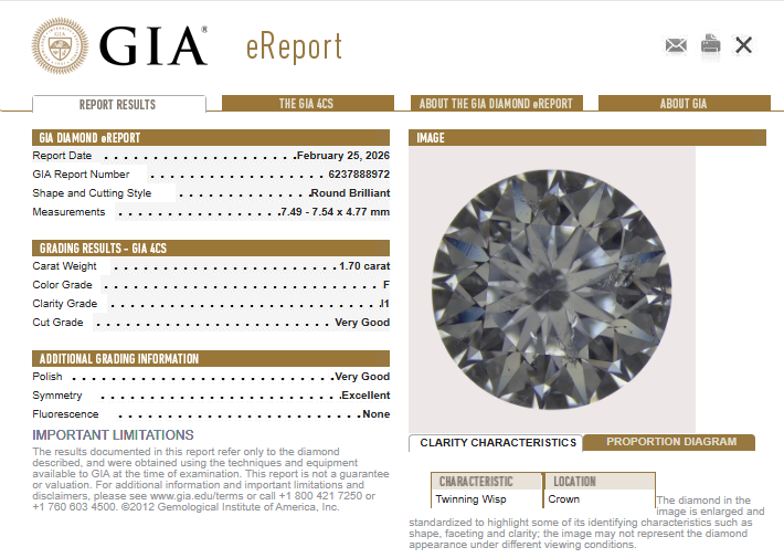 1.70 CT GIA Round Brilliant Natural Diamond F I1