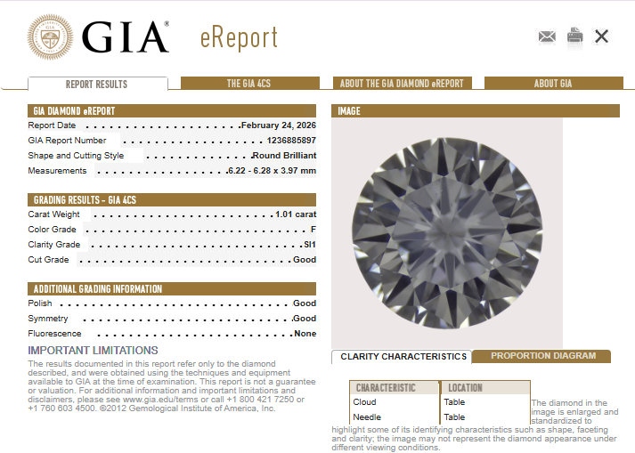 1.01 CT GIA Round Brilliant Natural Diamond F SI1
