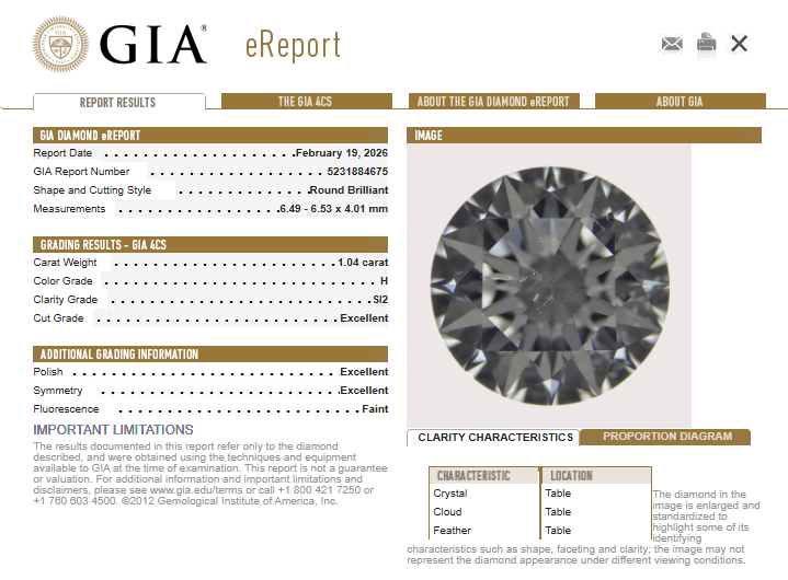 1.04 CT GIA Round Brilliant Natural Diamond H SI2 XX