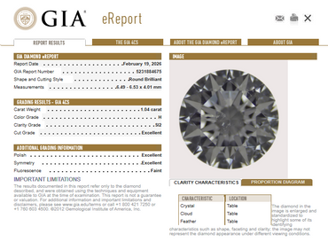 1.04 CT GIA Round Brilliant Natural Diamond H SI2 XX
