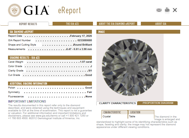 1.07 CT GIA Round Brilliant Natural Diamond J SI1
