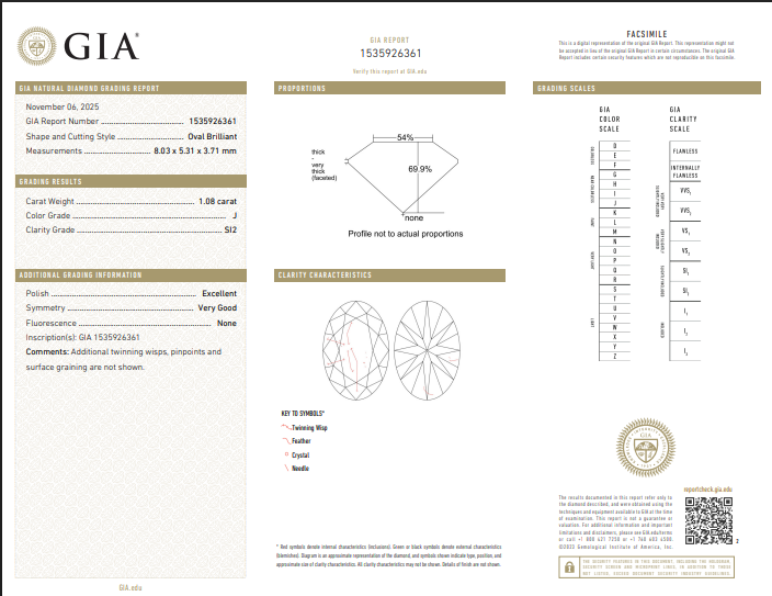 1.08 CT GIA Oval Cut Natural Diamond J SI2