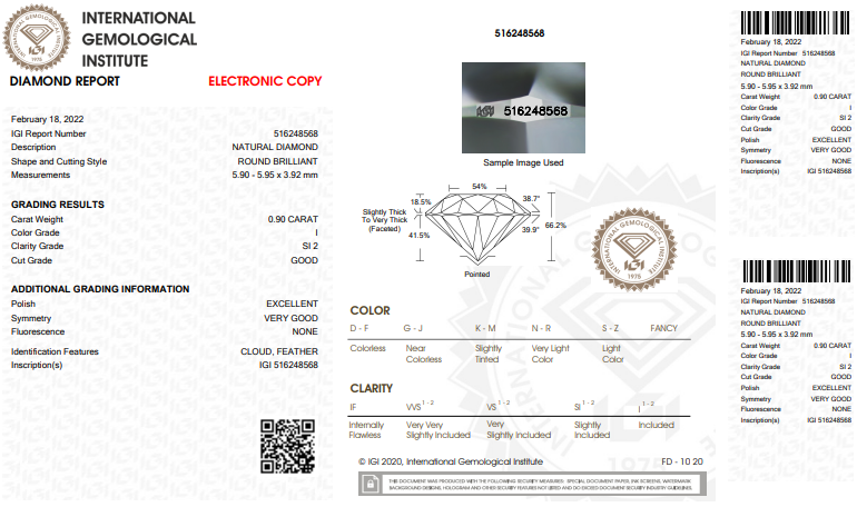 0.90 CT IGI Round Brilliant Natural Diamond I SI2