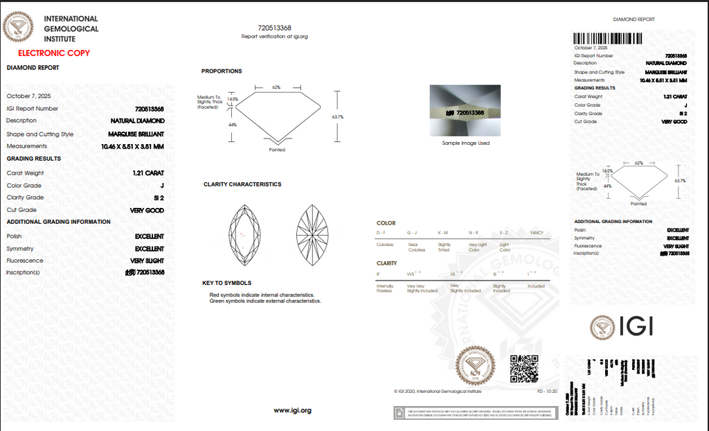 1.21 CT IGI Marquise Cut Natural Diamond J SI2