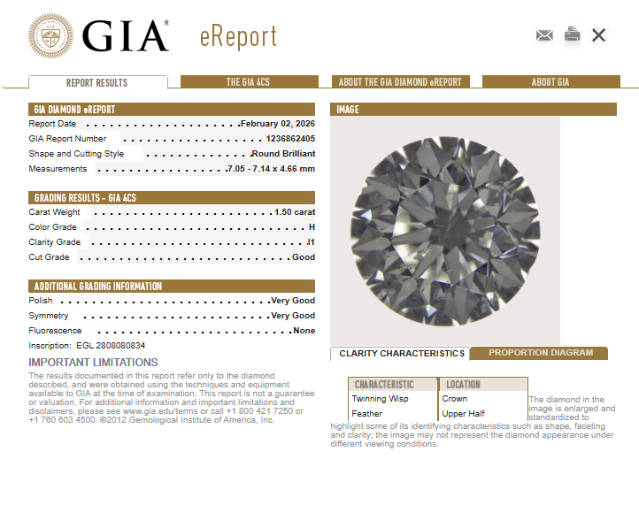 1.50 CT GIA Round Brilliant Natural Diamond H I1
