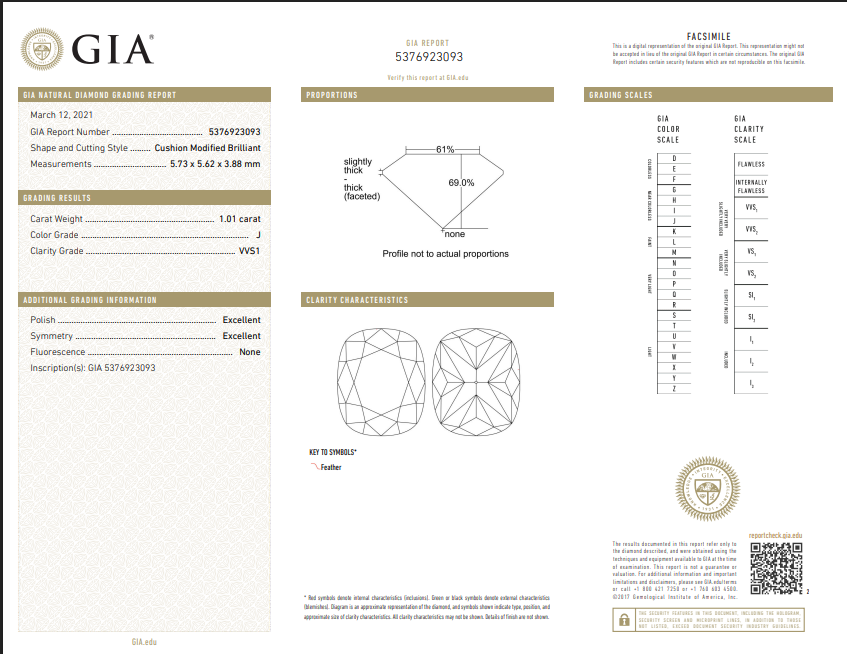 1.01 CT GIA Cushion Cut Natural Diamond J VVS1