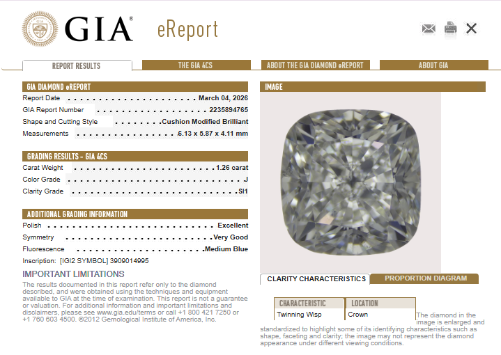 1.26 CT GIA Cushion Cut Natural Diamond J SI1