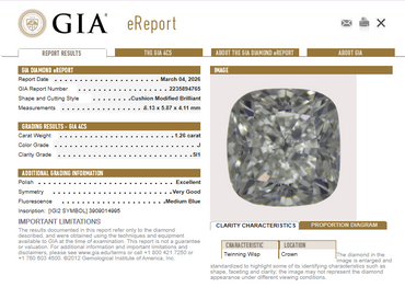 1.26 CT GIA Cushion Cut Natural Diamond J SI1