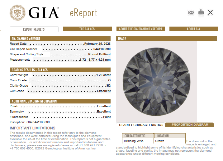 1.20 CT GIA Round Brilliant Natural Diamond G SI2