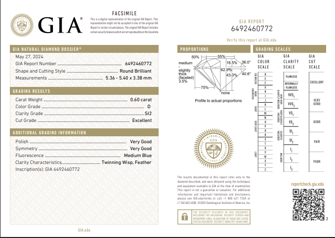 0.60 CT GIA Round Brilliant Natural Diamond D SI2