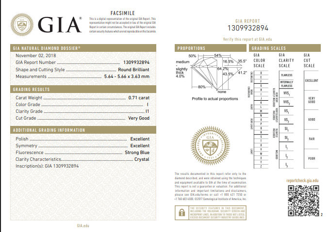 0.71 CT GIA Round Brilliant Natural Diamond I I1