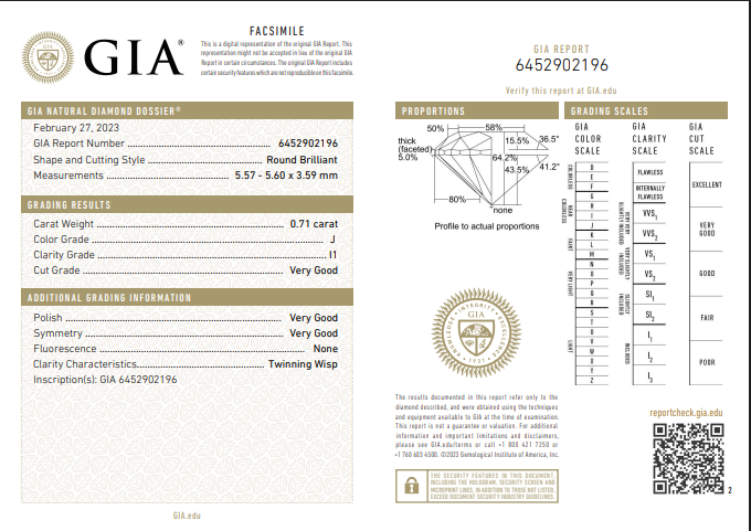 0.71 CT GIA Round Brilliant Natural Diamond J I1