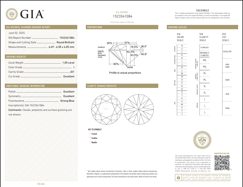 1.05 CT GIA Round Brilliant Natural Diamond I SI1 XXX