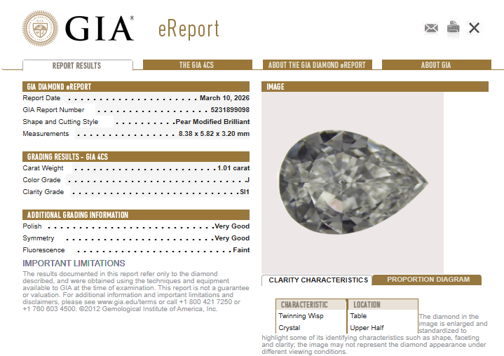 1.01 CT GIA Pear Shape Natural Diamond J SI2