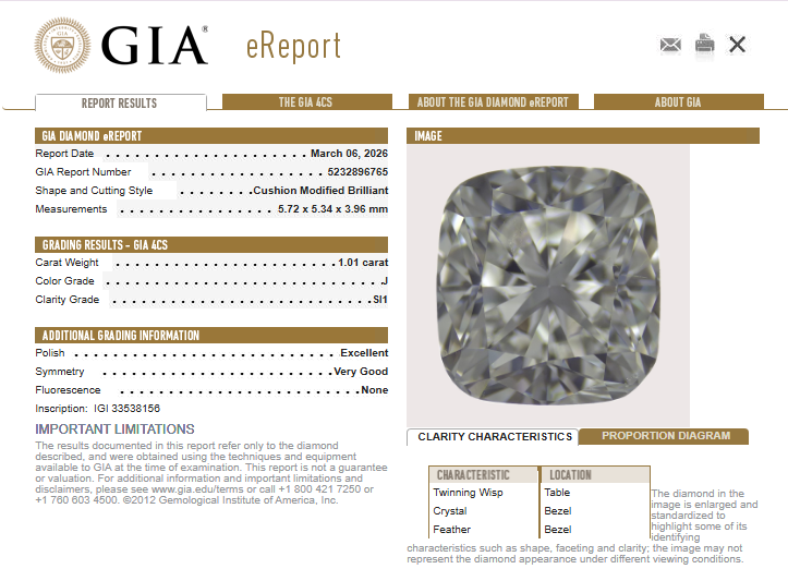 1.01 CT GIA Cushion Cut Natural Diamond J SI1