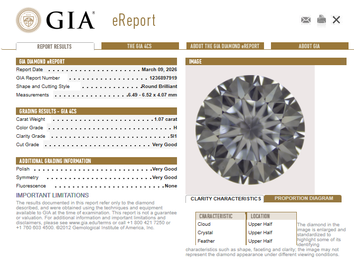 1.07 CT GIA Round Brilliant Natural Diamond H SI1