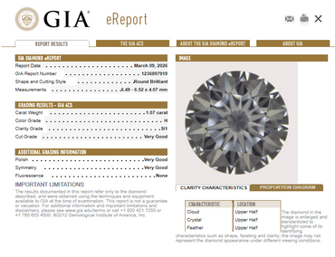 1.07 CT GIA Round Brilliant Natural Diamond H SI1
