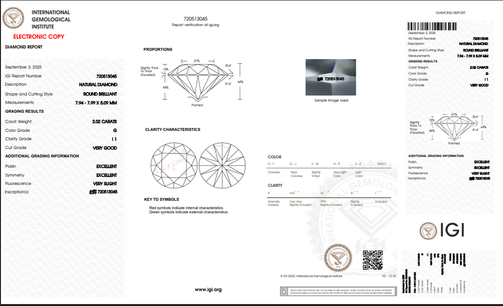 2.02 CT IGI Round Brilliant Natural Diamond G I1 XX