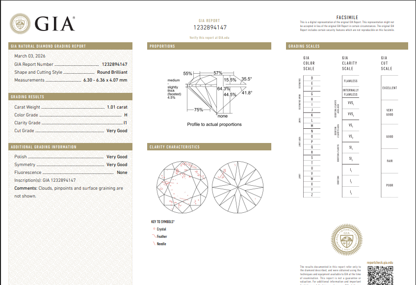 1.01 CT GIA Round Brilliant Natural Diamond H I1