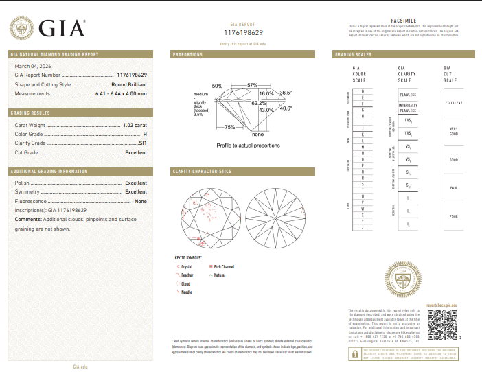 1.02 CT GIA Round Brilliant Natural Diamond H SI1 XXX