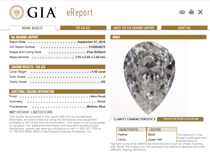 1.00 CT GIA Pear Shape Natural Diamond I SI2
