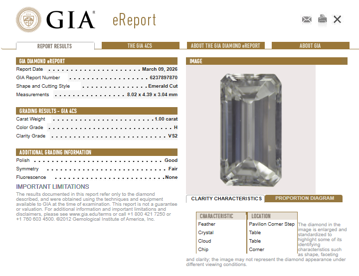 1.00 CT GIA Emerald Cut Natural Diamond H VS2