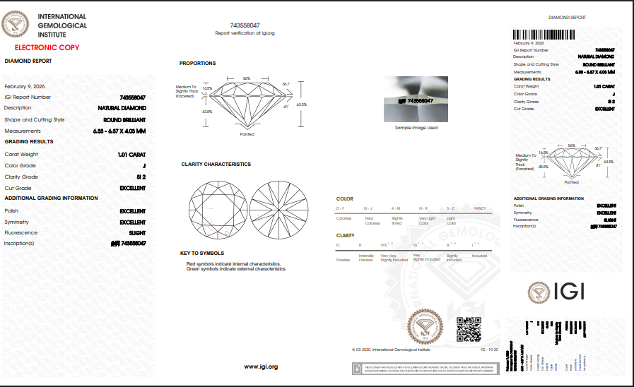 1.01 CT IGI Round Brilliant Natural Diamond J SI2 XXX