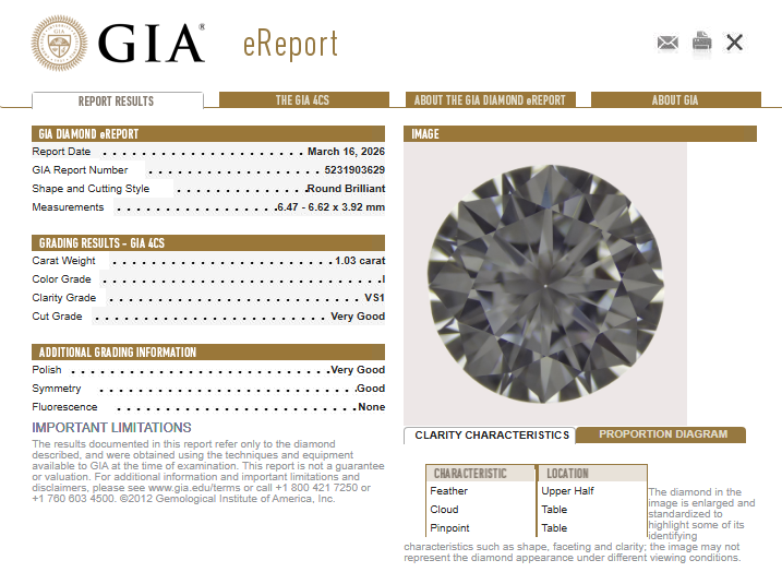1.03 CT GIA Round Brilliant Natural Diamond I VS1