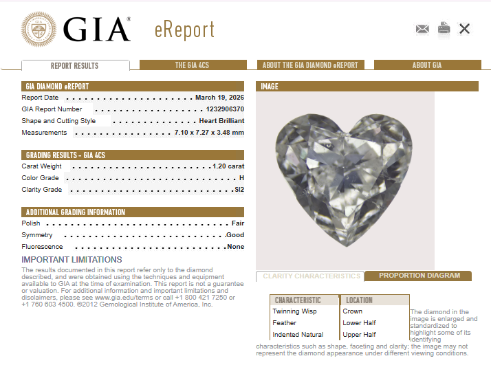 1.20 CT GIA Heart Shaped Natural Diamond H SI2