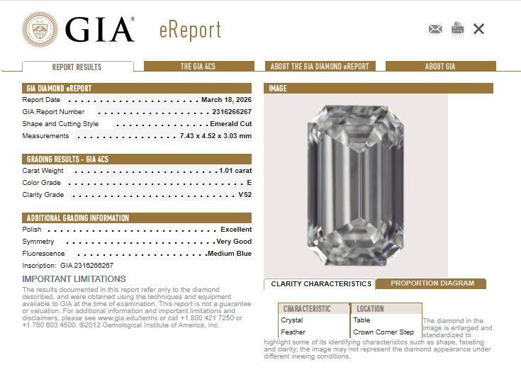 1.01 CT GIA Emerald Cut Natural Diamond E VS2