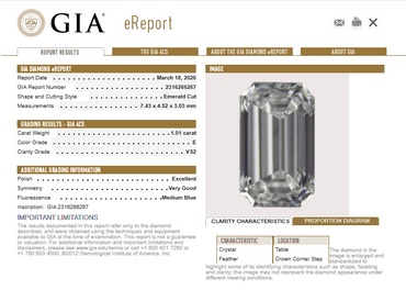1.01 CT GIA Emerald Cut Natural Diamond E VS2