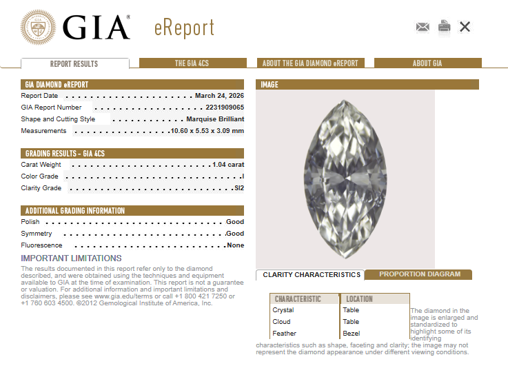 1.04 CT GIA Marquise Cut Natural Diamond I SI2
