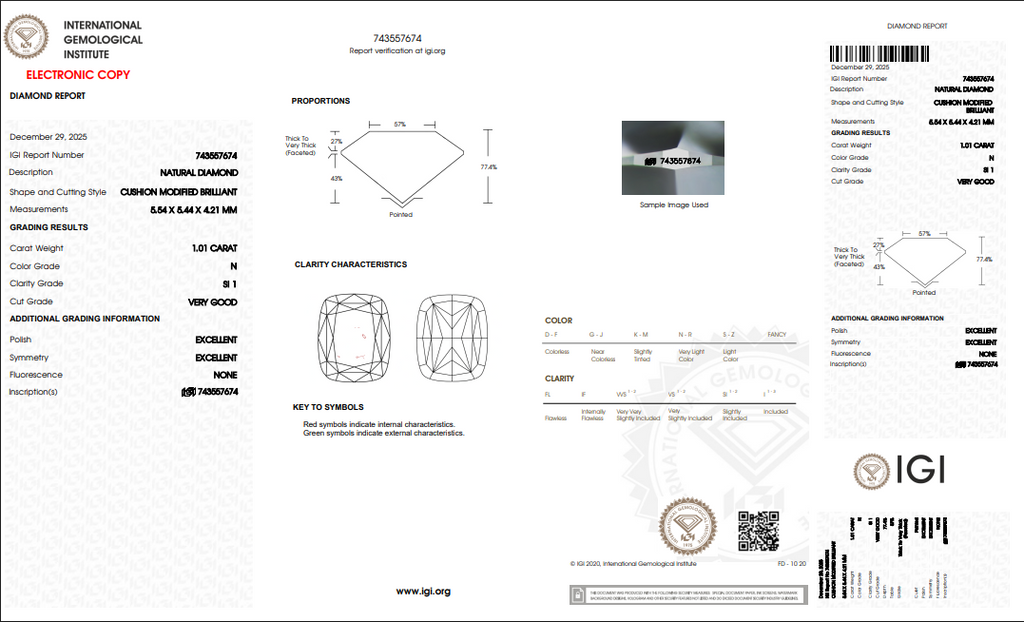 1.01 CT IGI Cushion Shaped Natural Diamond N SI1